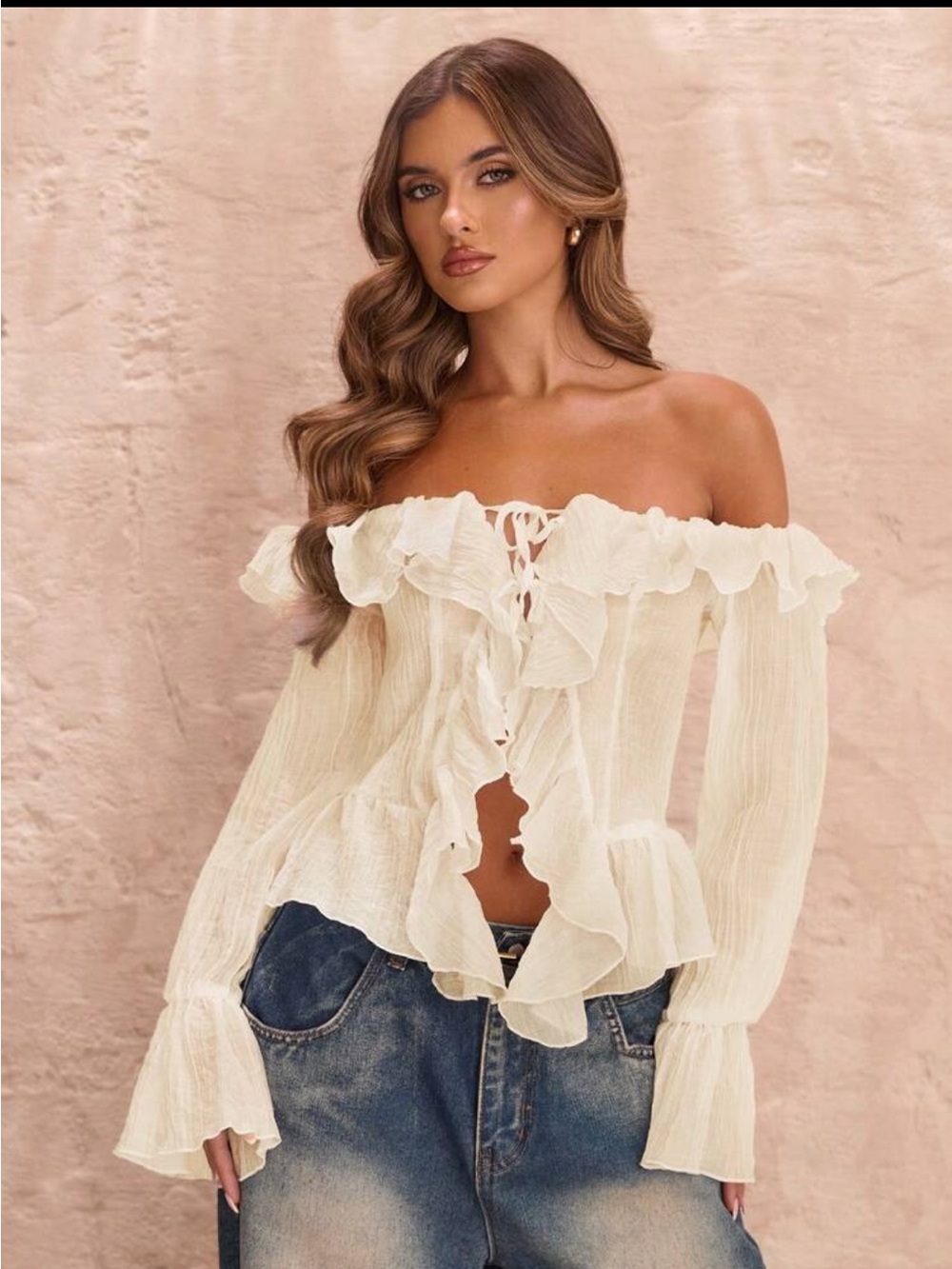 Abercrombie & Fitch Off-Shoulder Ruffle Tie-Front Top in Apricot Cream